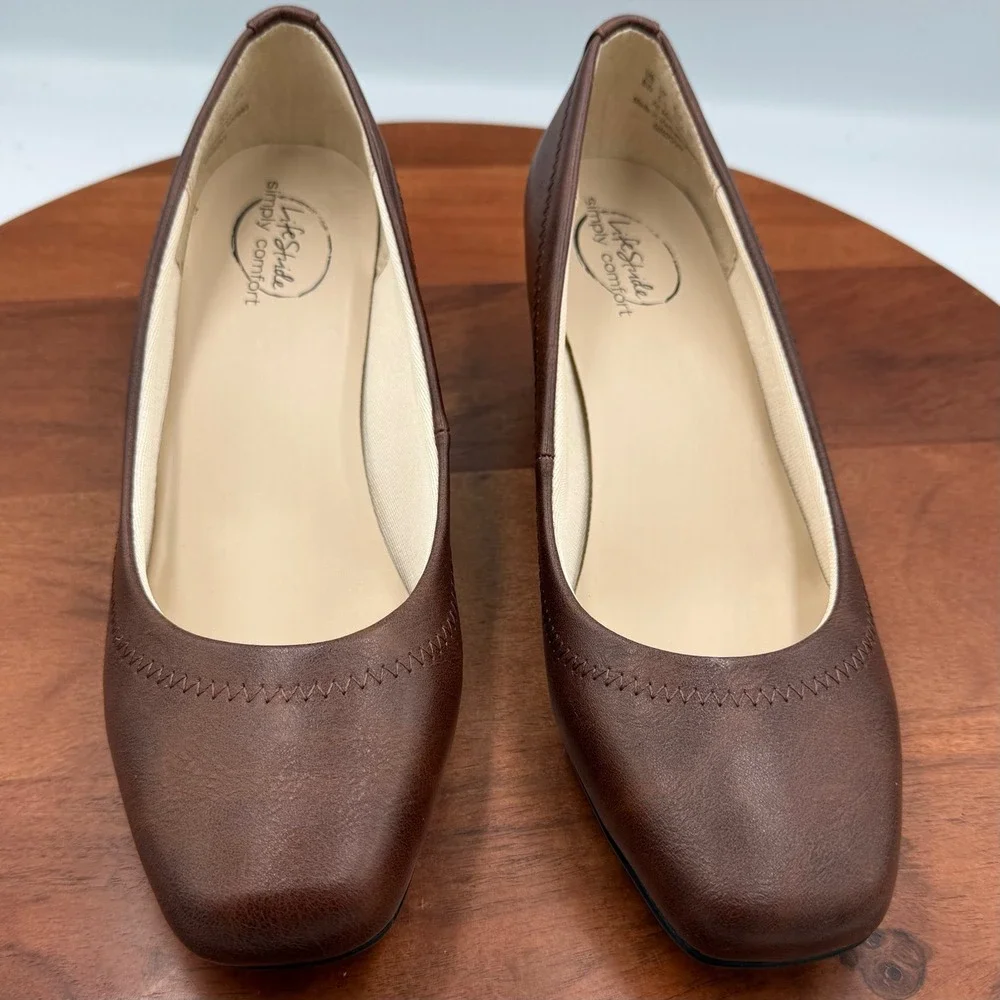 LifeStride Groovy Wedge Pumps Womens 8W Dark Tan Cowboy Brown Square Toe Comfort